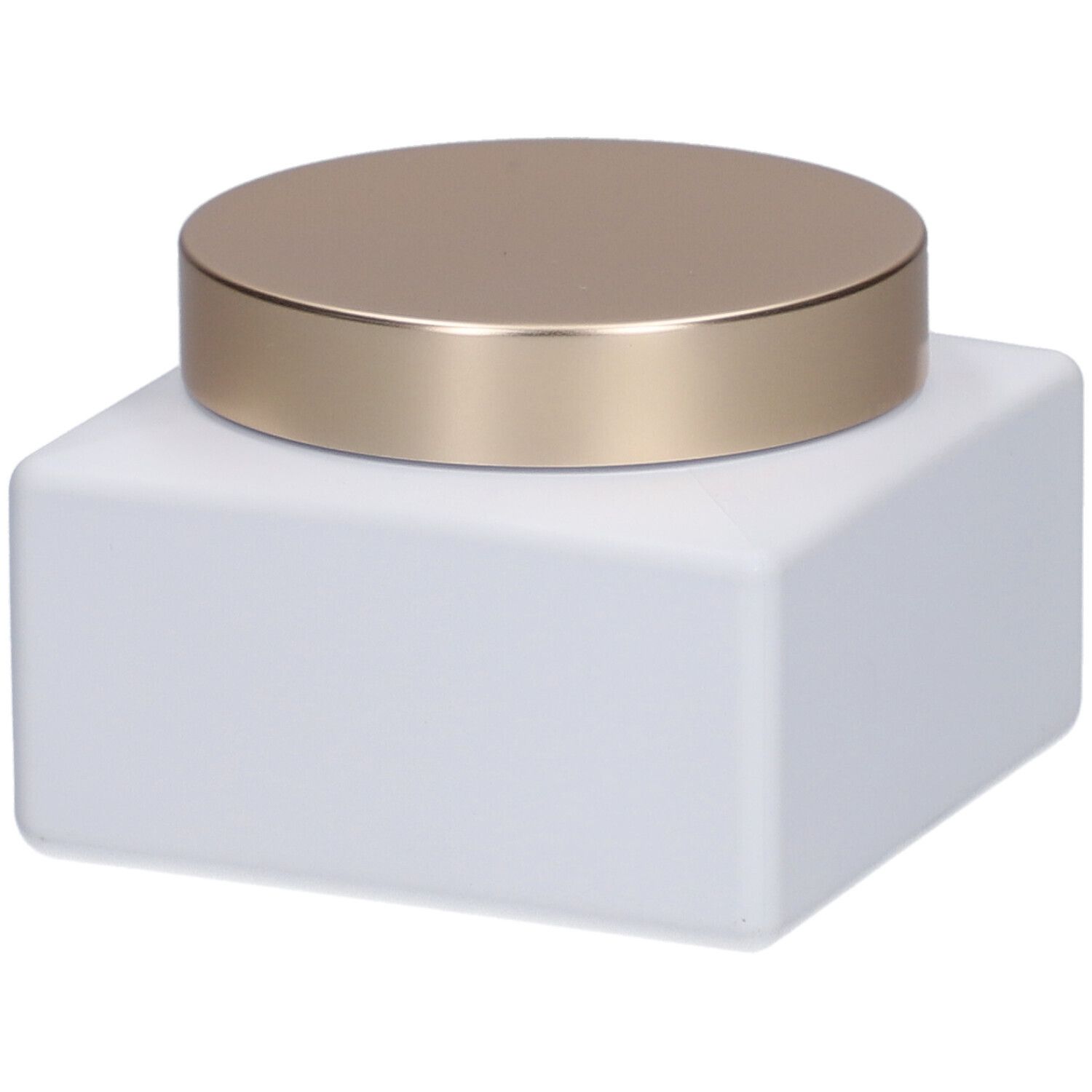 Witte vierkante pot met gouden deksel. Geen opschrift zichtbaar.