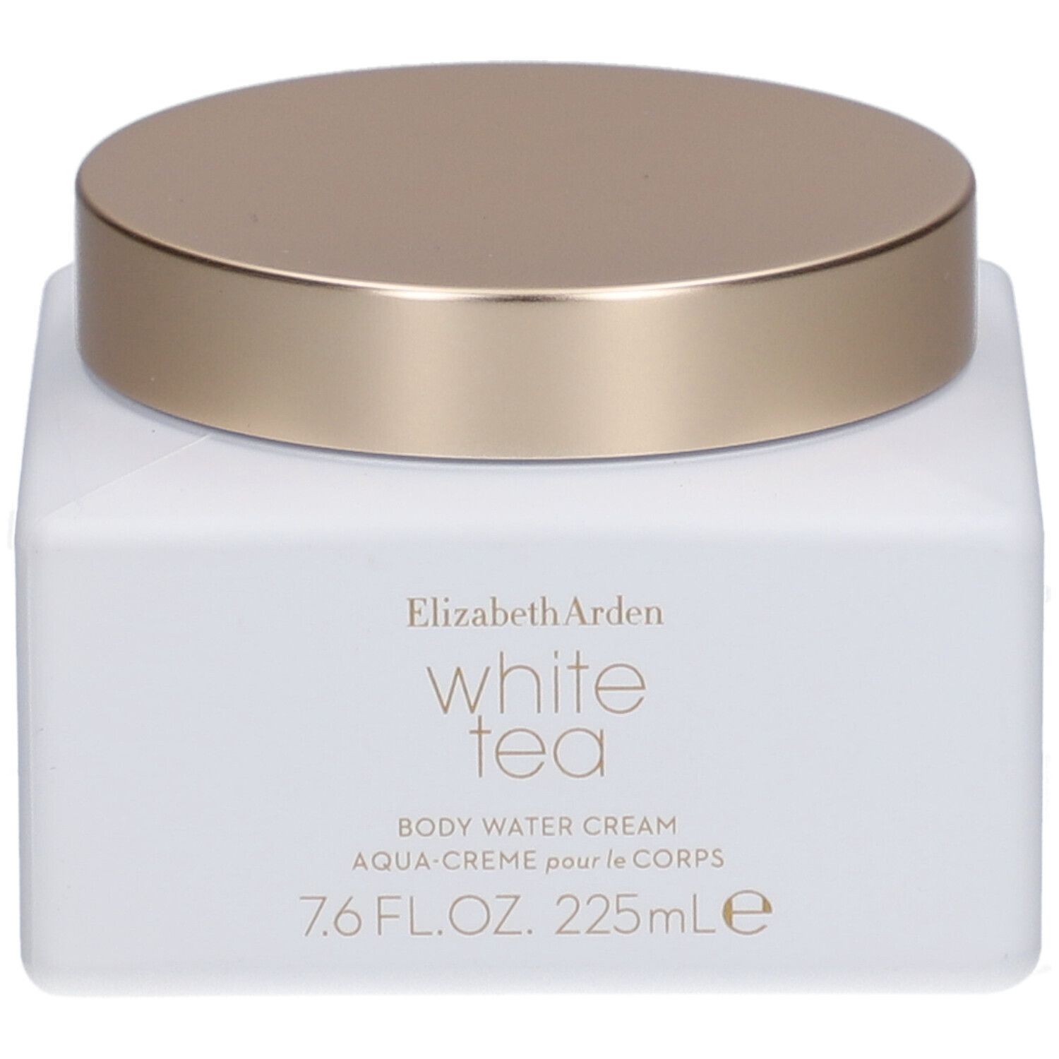 Witte vierkante pot met gouden deksel. Opschrift: Elizabeth Arden White Tea Body Water Cream.