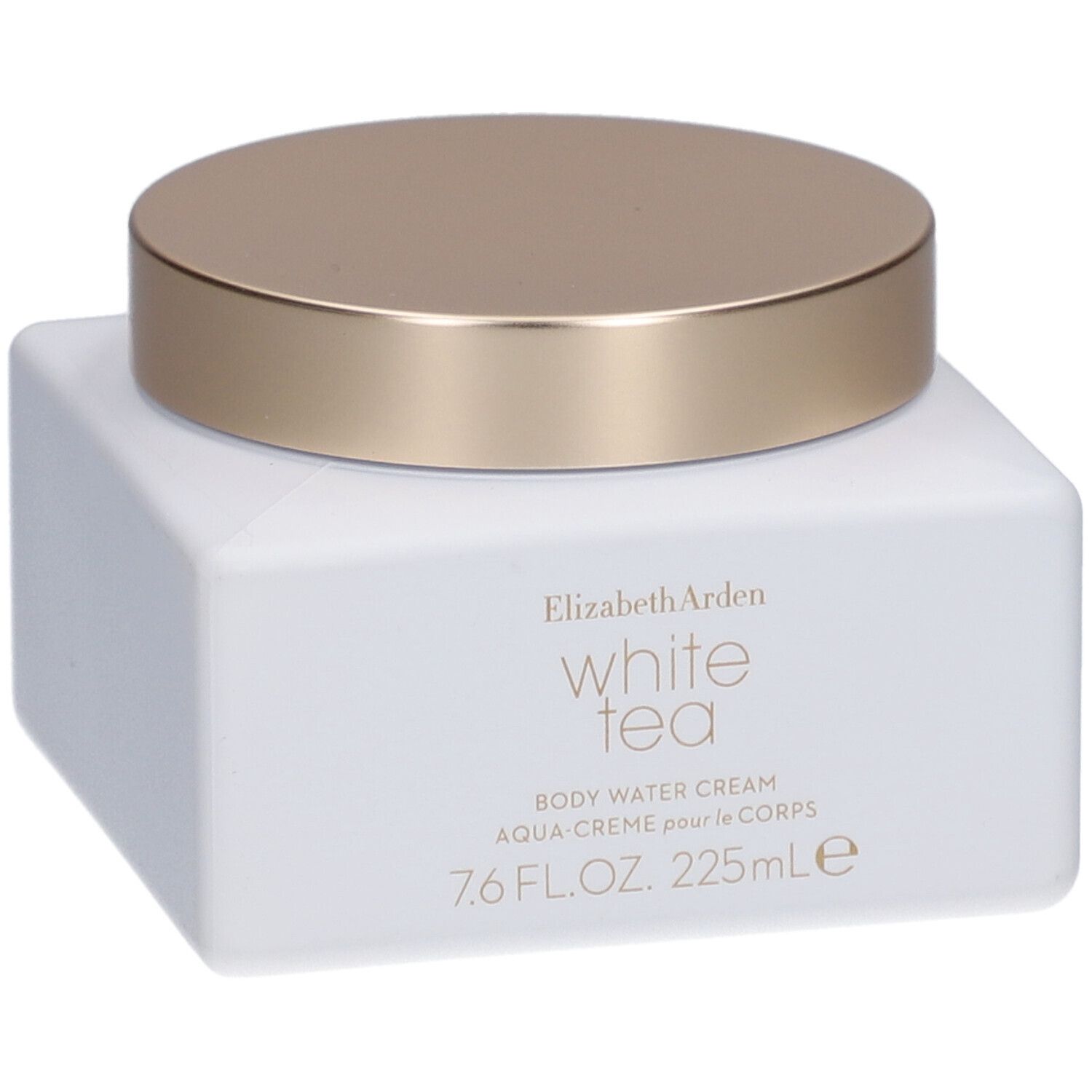 Witte vierkante pot met gouden deksel. Opschrift: Elizabeth Arden White Tea Body Water Cream.