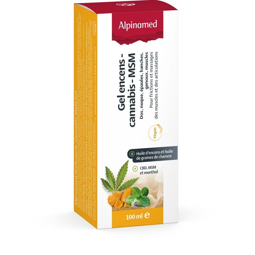 Emballage du produit. Inscription Gel encens-cannabis-MSM. Contient CBD, MSM et menthol. Vegan.
