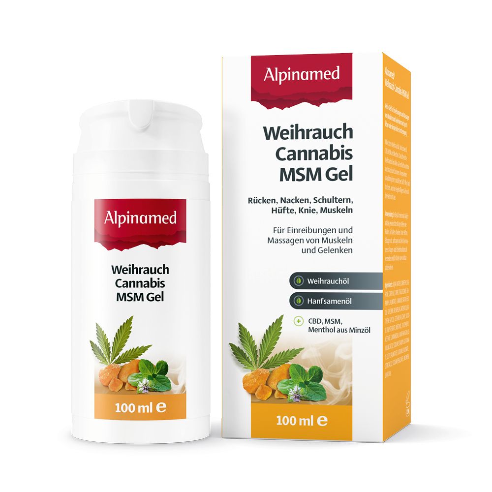 Alpinamed Gel encens-cannabis-MSM et emballage. 100 ml. Vegan. Informations produit.