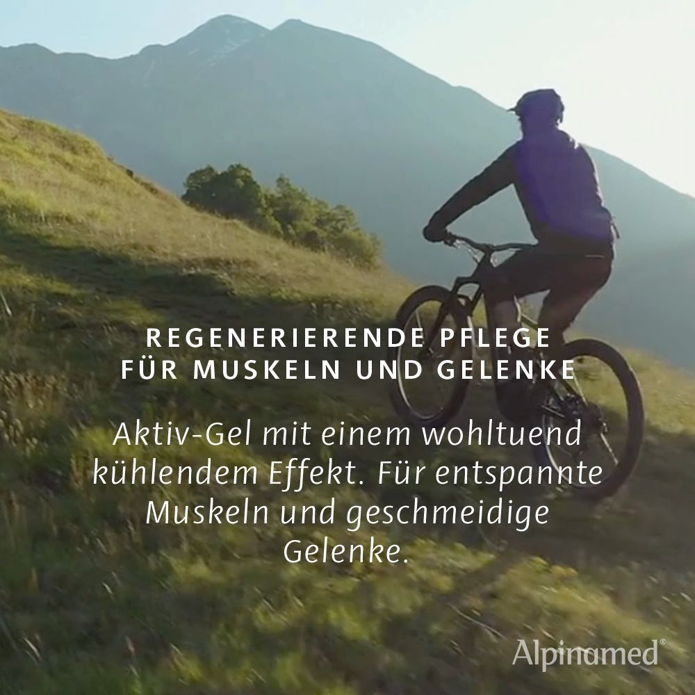 Cycliste sur sentier de montagne. Texte: Soin régénérant pour muscles et articulations. Alpinamed.