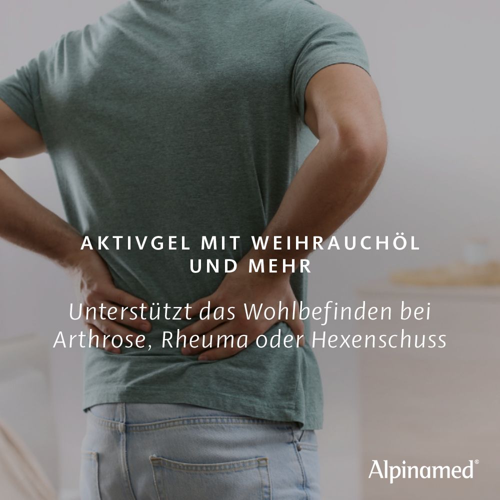 Homme avec mal de dos. Texte: Gel actif à l'huile d'encens et plus. Alpinamed.