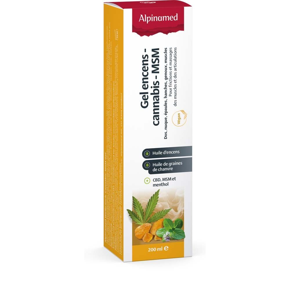 Emballage du produit avec boîte. Inscription : Alpinamed, Gel encens-cannabis-MSM. Label végétalien et illustrations.