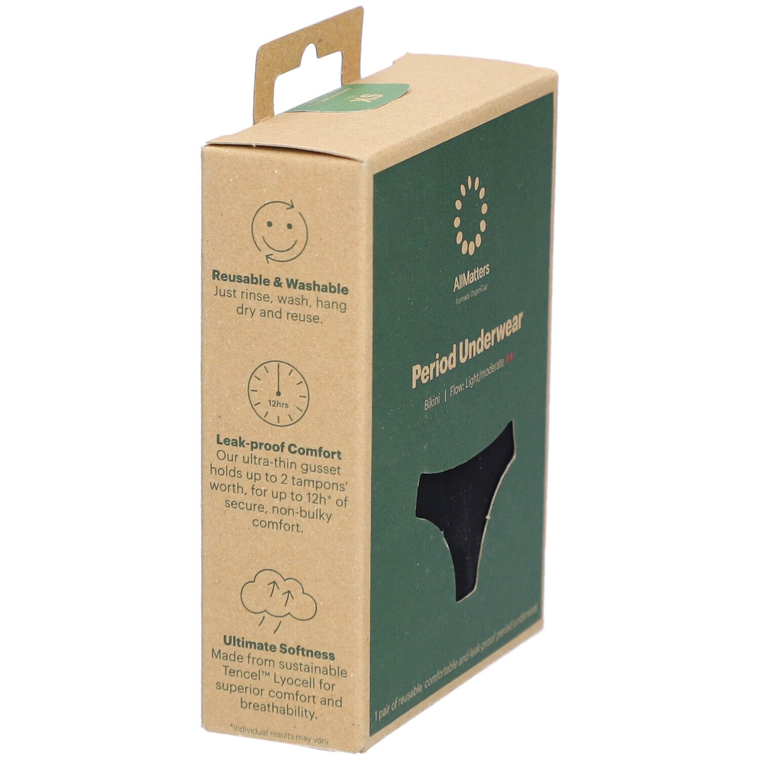 Zijaanzicht van kartonnen verpakking. Opschrift: AllMatters, Period Underwear, Bikini, lichte tot matige flow. Zwarte slip zichtbaar.