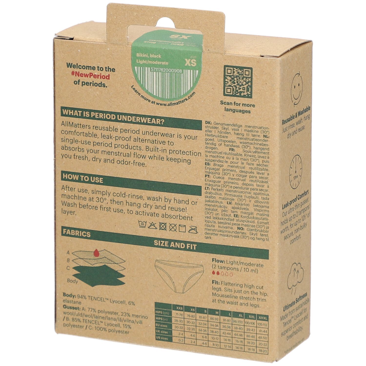 Achterkant van de kartonnen verpakking. Informatie over menstruatieslips, stoffen, maat en pasvorm. Maattabel XS.
