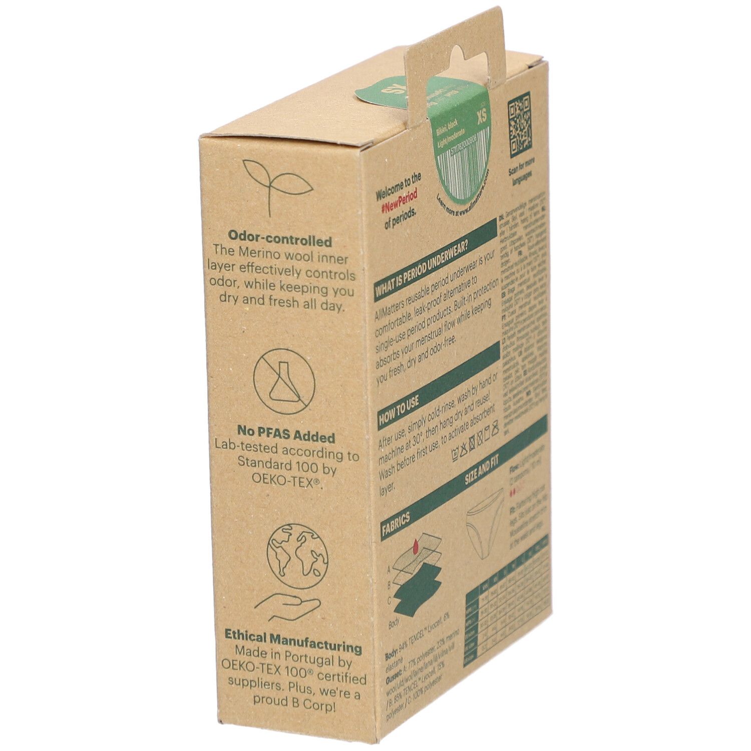 Zijaanzicht van kartonnen verpakking. Opschrift: AllMatters, Period Underwear. Informatie over geurcontrole, OEKO-TEX-certificering.