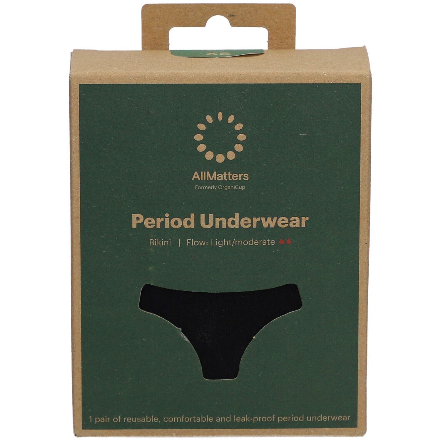 Kartonnen verpakking met zwarte slip. Opschrift: AllMatters, Period Underwear, Bikini, lichte tot matige flow.