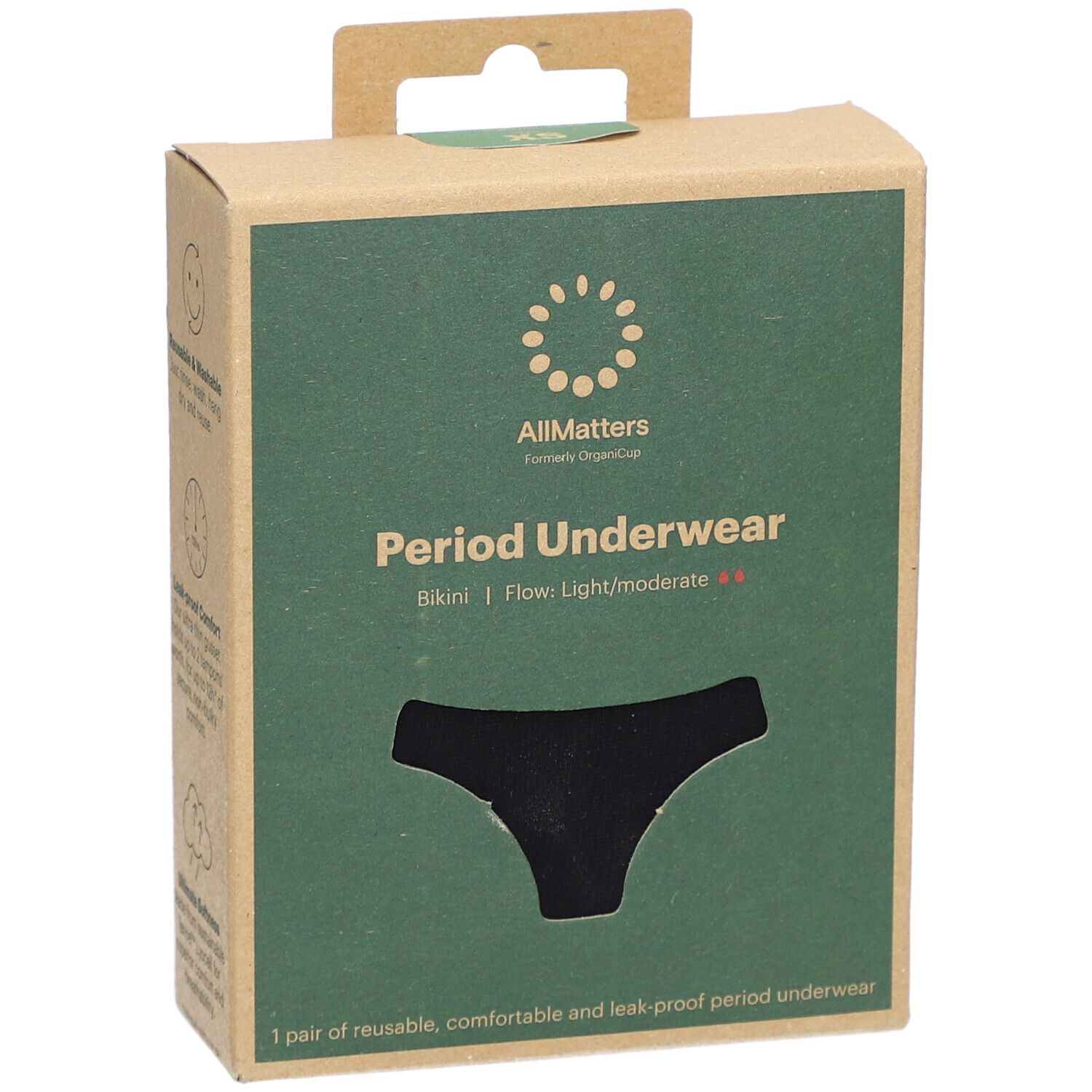 Kartonnen verpakking met zwarte slip. Opschrift: AllMatters, Period Underwear, Bikini, lichte tot matige flow.