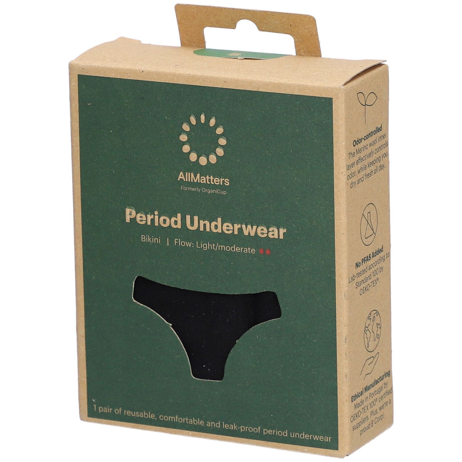 Zwarte menstruatieslip in verpakking. Merk: AllMatters. Bikini model, lichte tot matige flow. Doos met handvat.