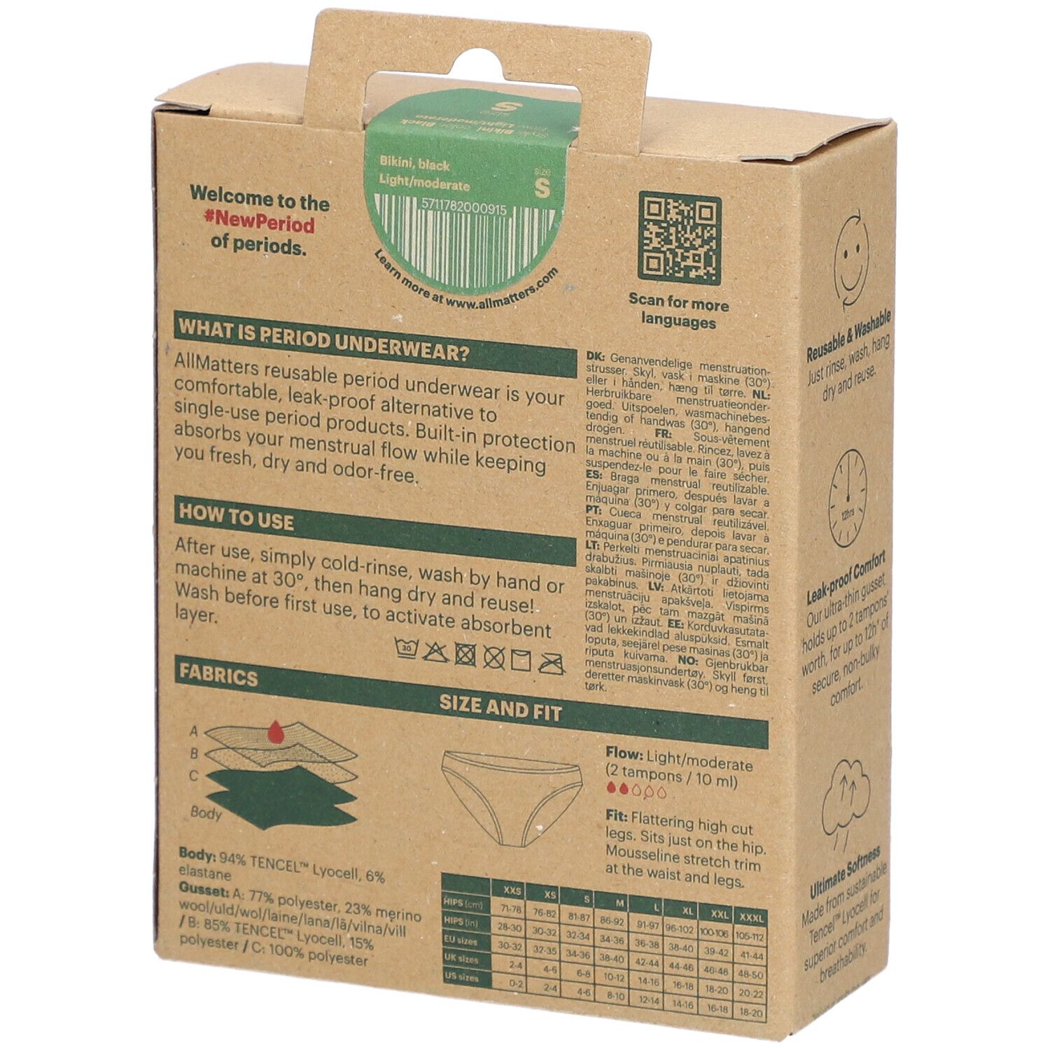 Achterkant van de verpakking van menstruatieslip. Merk: AllMatters. Informatie over gebruik, materialen en maten.