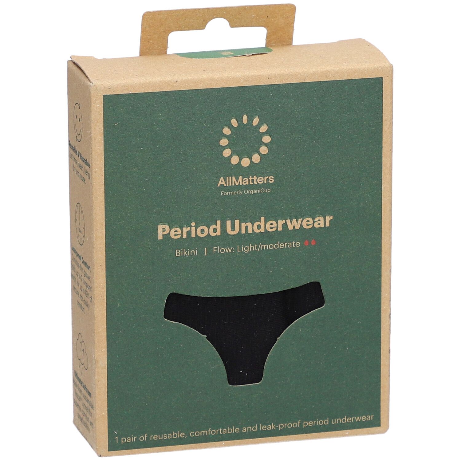 Zwarte menstruatieslip in verpakking. Merk: AllMatters. Bikini model, lichte tot matige flow. Doos.