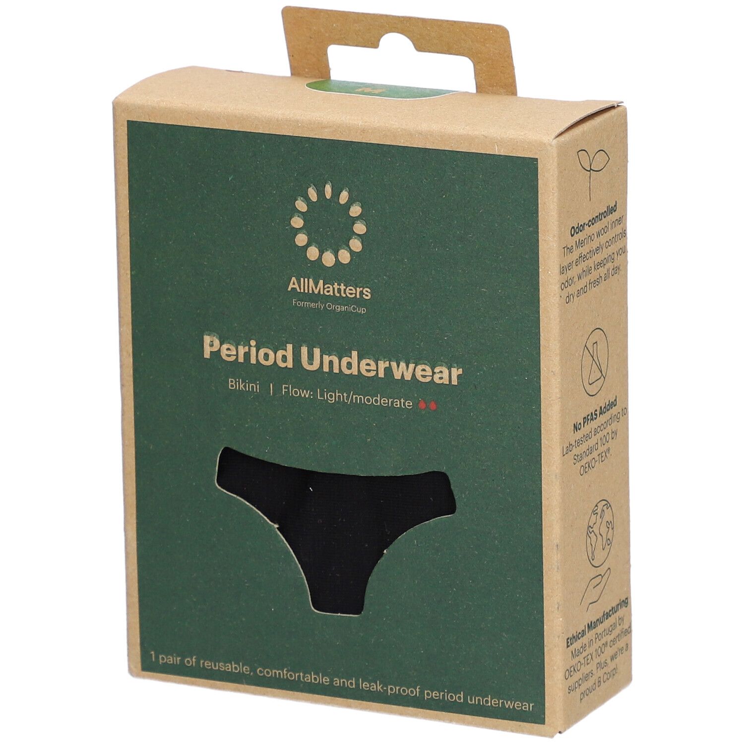 Boîte de sous-vêtements menstruels noirs. Marque : AllMatters. Texte : Period Underwear, Bikini, Flux : léger/modéré. Fenêtre.