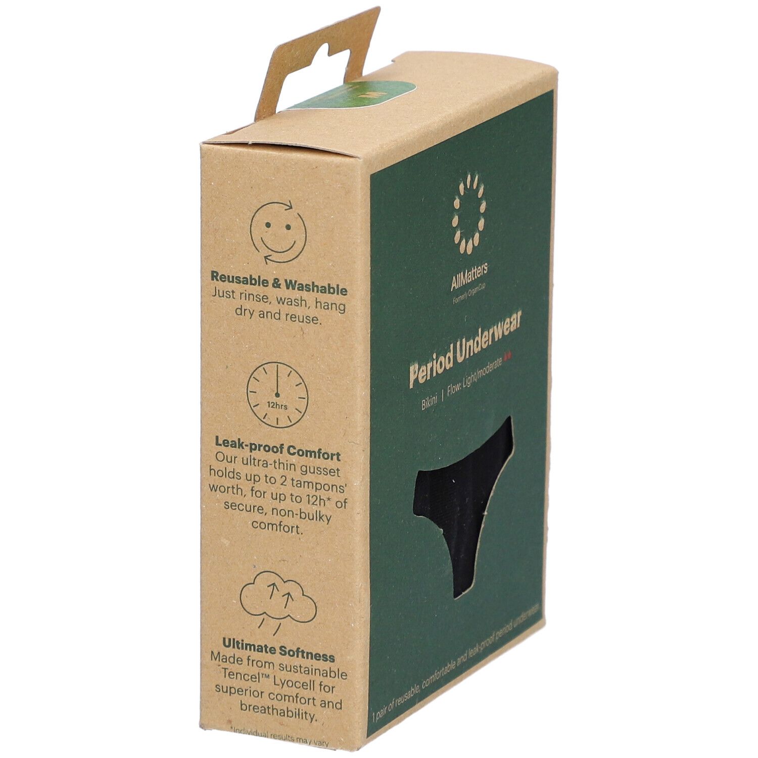 Boîte de sous-vêtements menstruels noirs. Marque : AllMatters. Texte : Period Underwear, Taille : léger/modéré. Durable.