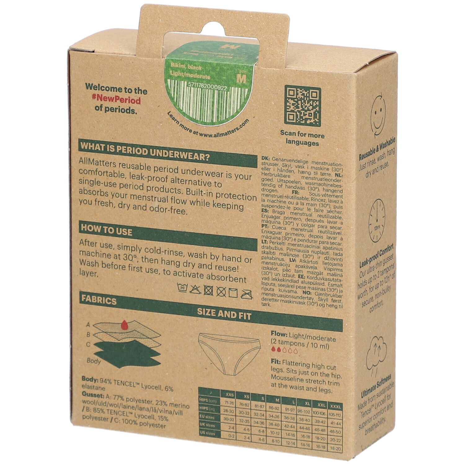 Dos de la boîte. Texte : AllMatters Period Underwear. Informations sur l'utilisation, les matériaux, la taille et l'ajustement.