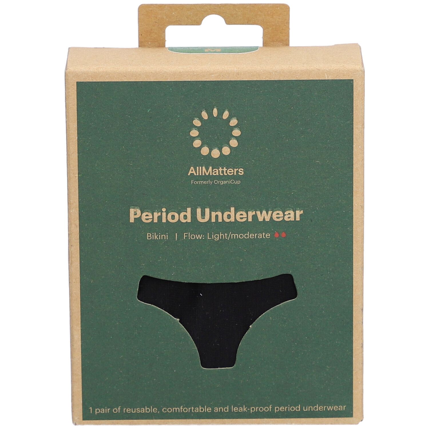 Boîte de sous-vêtements menstruels noirs. Marque : AllMatters. Texte : Period Underwear, Bikini, Flux : léger/modéré. Fenêtre.