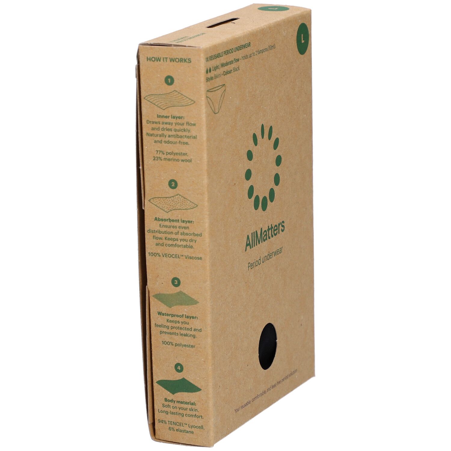 Boîte en carton. Inscription: AllMatters culotte menstruelle. Taille L. Schéma des couches. Texte: Comment ça marche. Composition des matériaux.