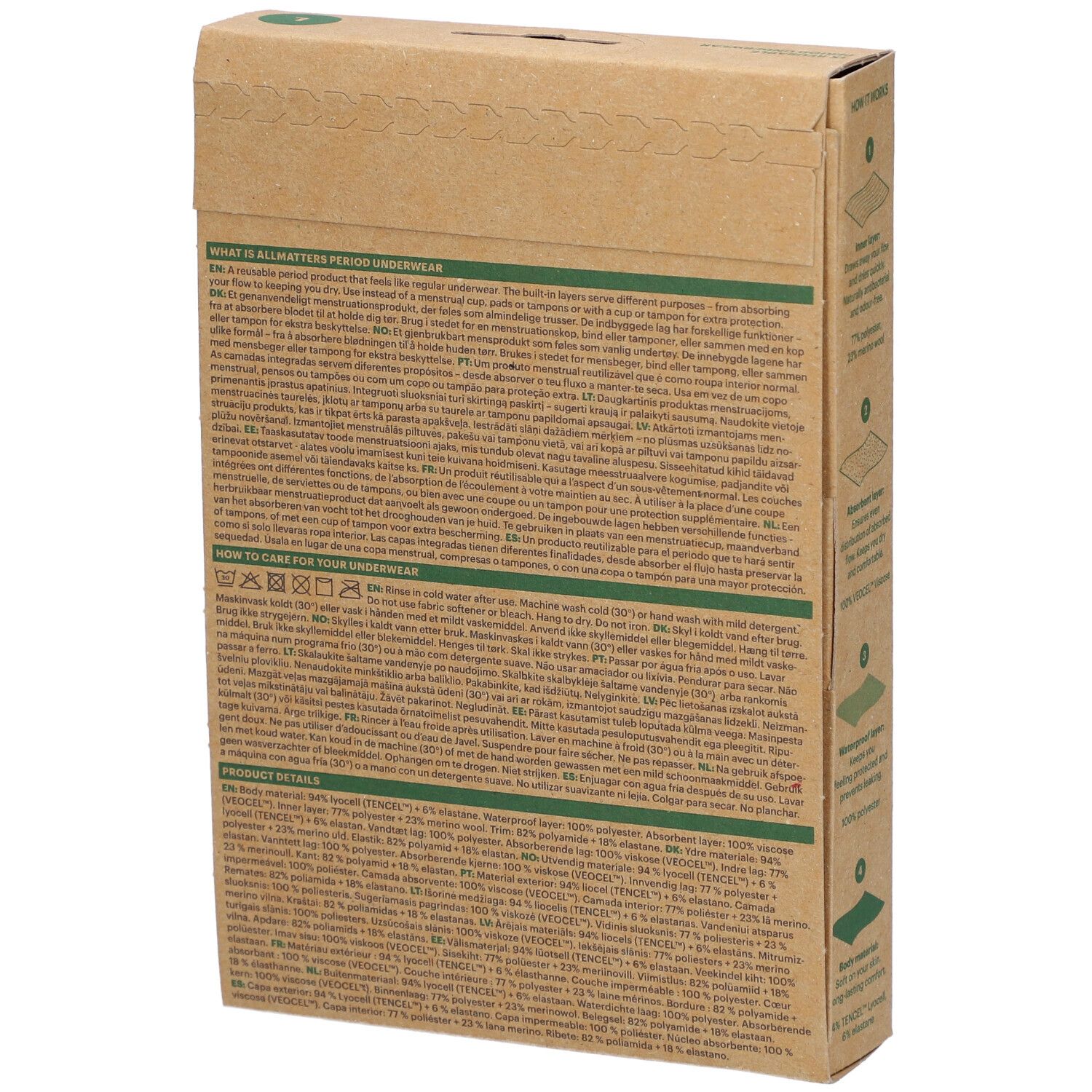 Boîte en carton. Texte: Qu'est-ce que la culotte menstruelle AllMatters ? Conseils d'entretien. Conception du produit. Composition des matériaux.