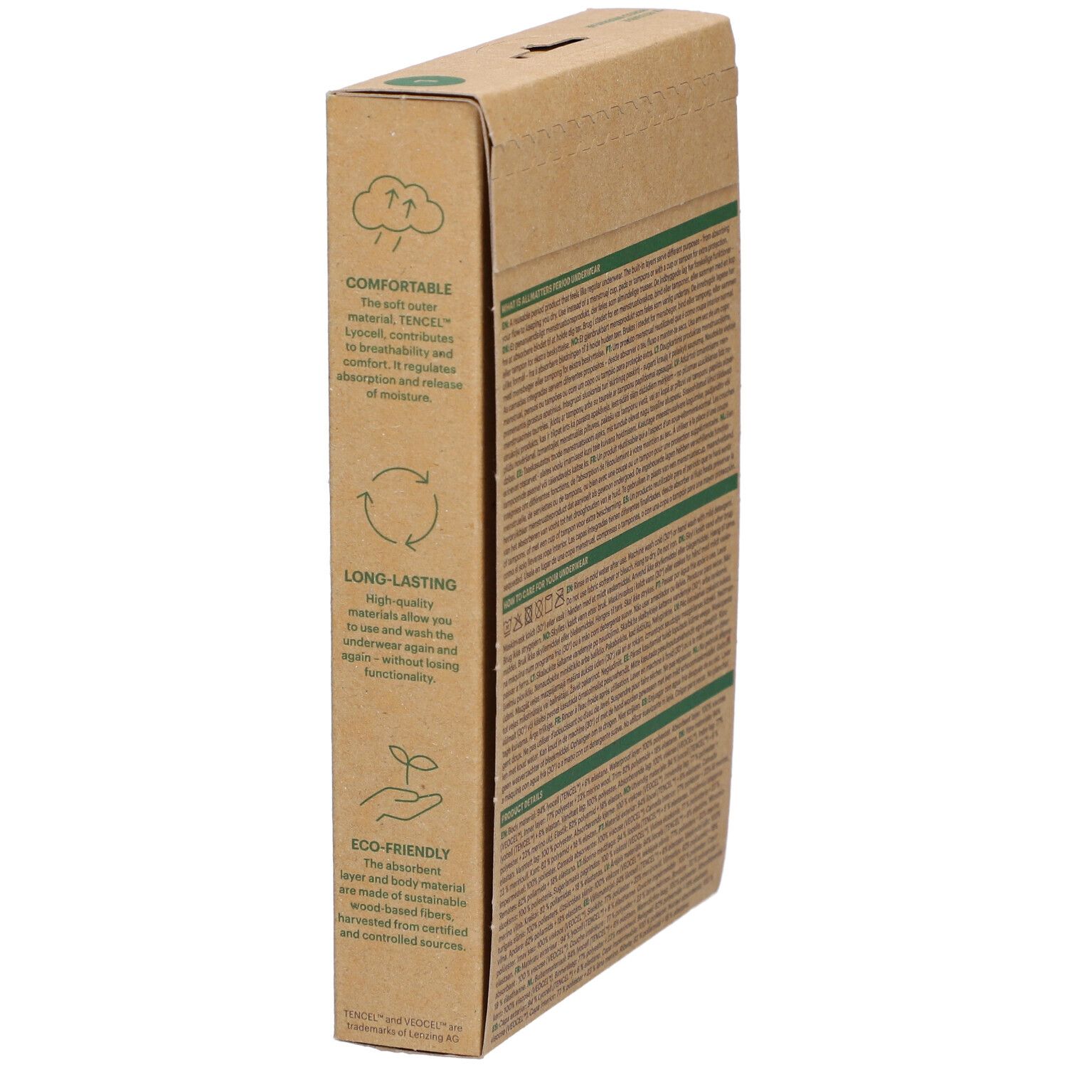 Boîte en carton. Texte: Confortable, durable, écologique. Illustrations: Nuages, flèches de recyclage, plante.