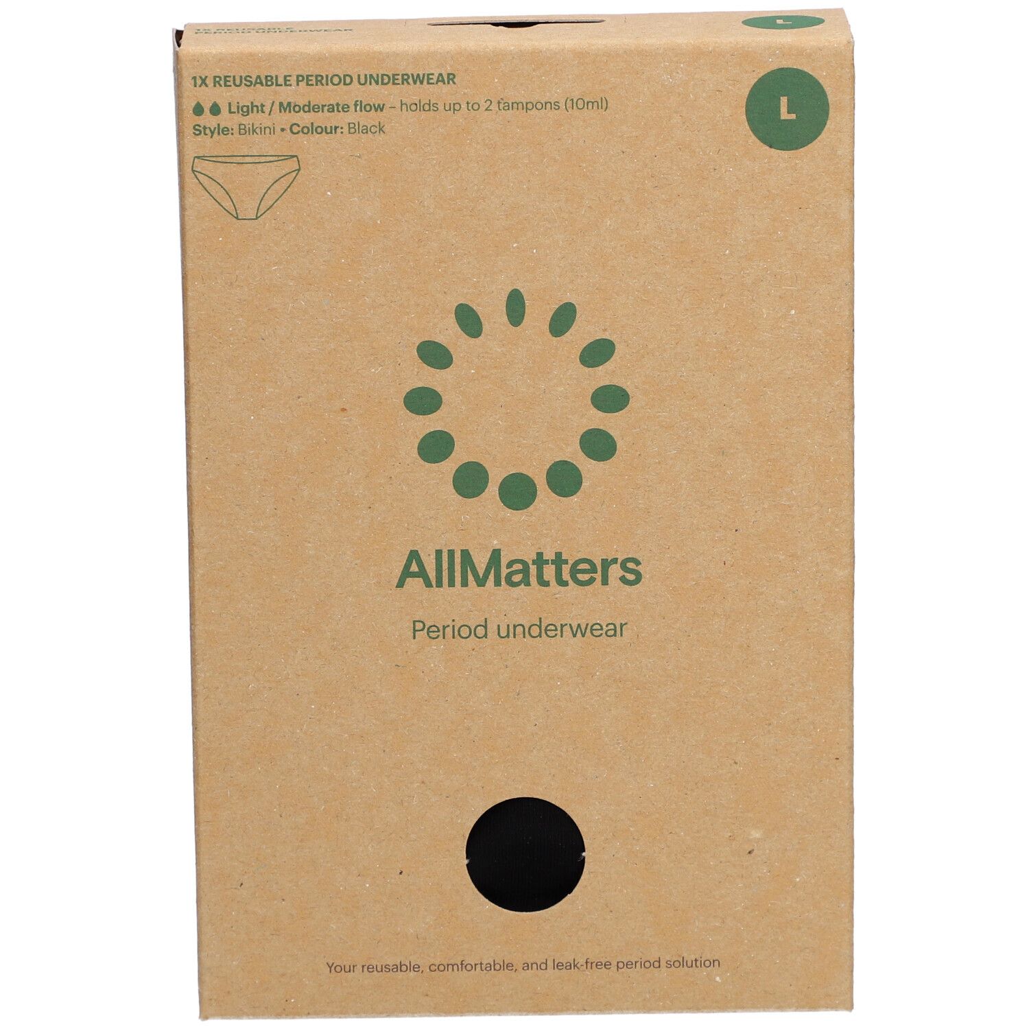 Boîte en carton. Inscription: AllMatters culotte menstruelle. Taille L. Culotte noire illustrée. Texte: Votre solution réutilisable, confortable et sans fuite.