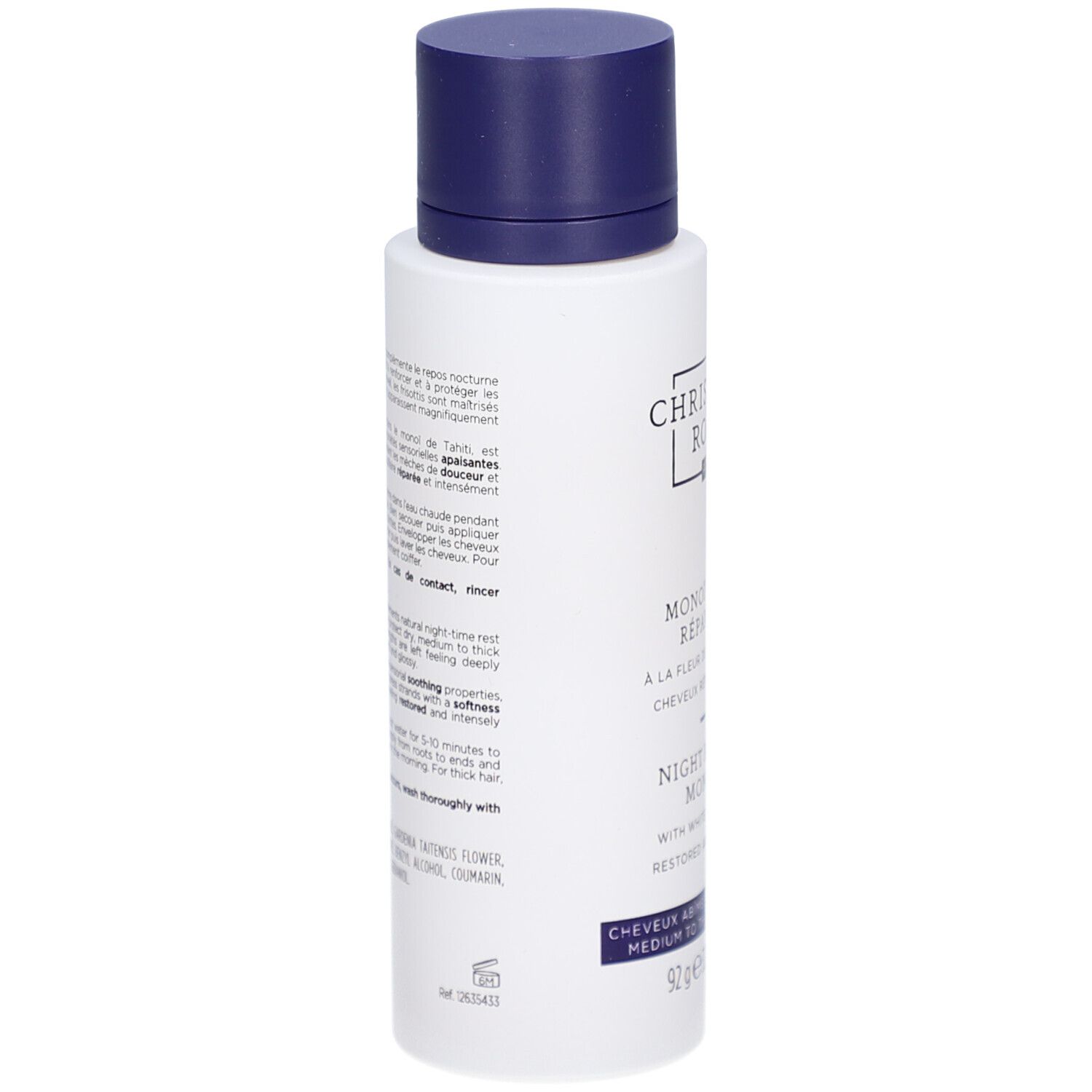 Flacon blanc, bouchon bleu. Texte: Christophe Robin, Monoï de Nuit Réparateur, Night Recovery Monoï Oil. Pour cheveux moyens à épais.