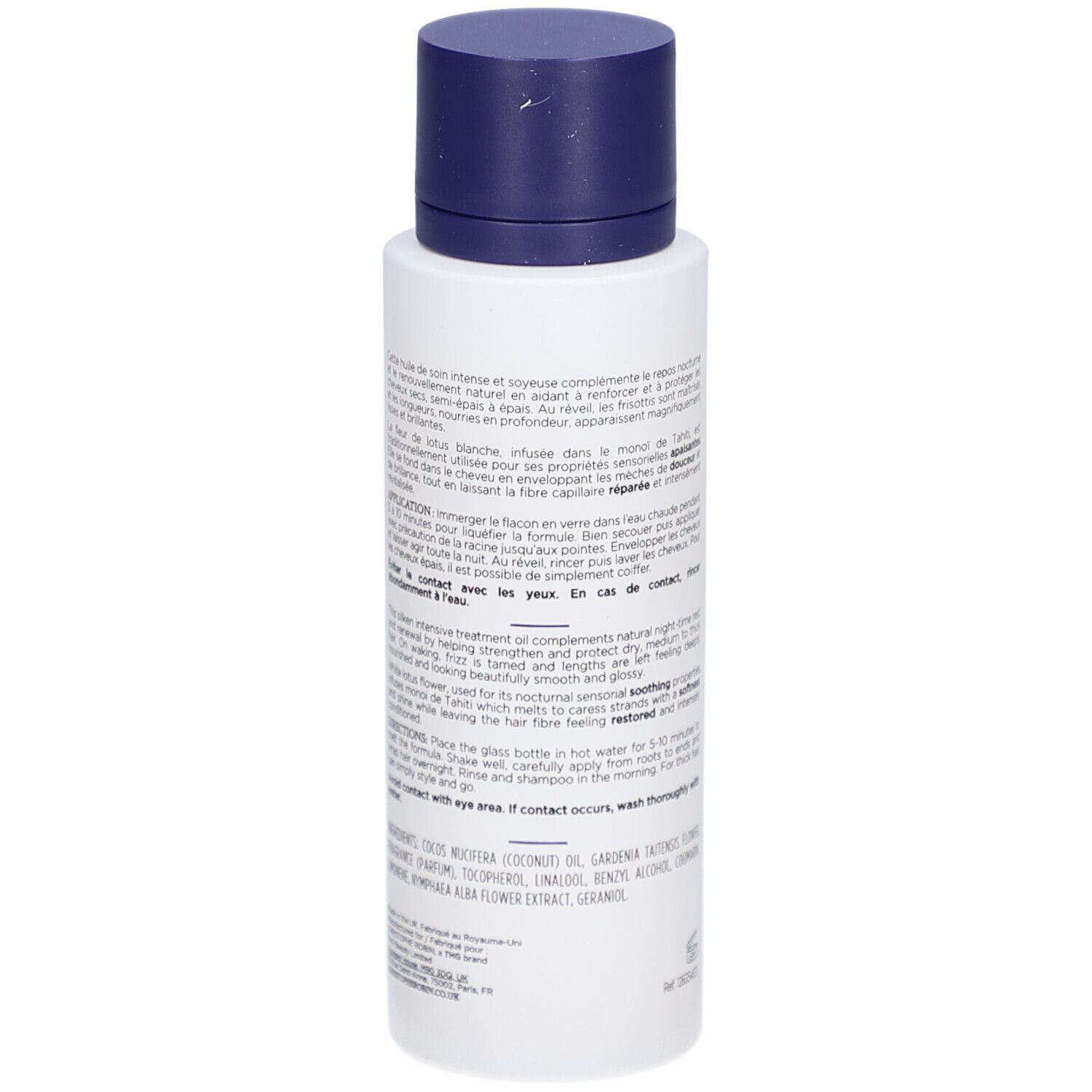 Flacon blanc, bouchon bleu. Texte: Christophe Robin, Monoï de Nuit Réparateur, Night Recovery Monoï Oil. Ingrédients et mode d'emploi.