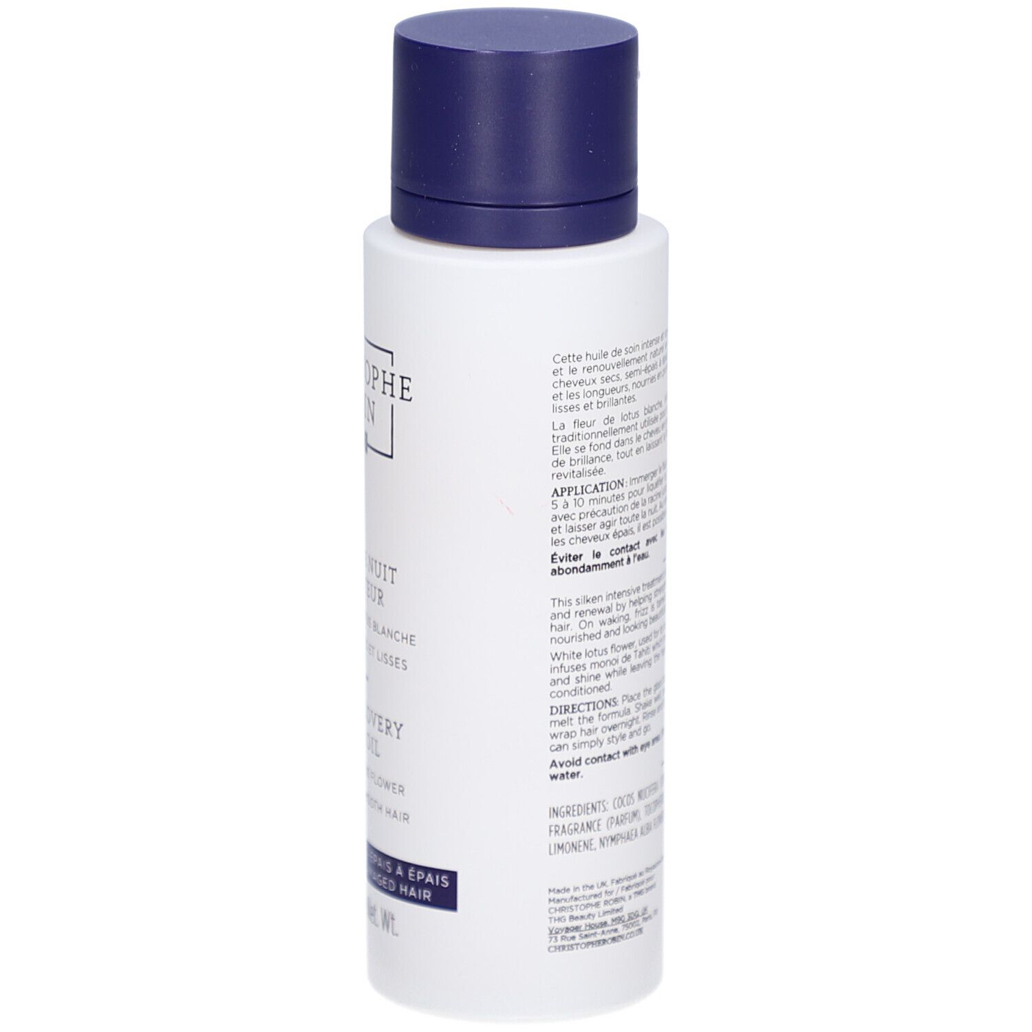 Flacon blanc, bouchon bleu. Texte: Christophe Robin, Monoï de Nuit Réparateur, Night Recovery Monoï Oil. Instructions d'utilisation.