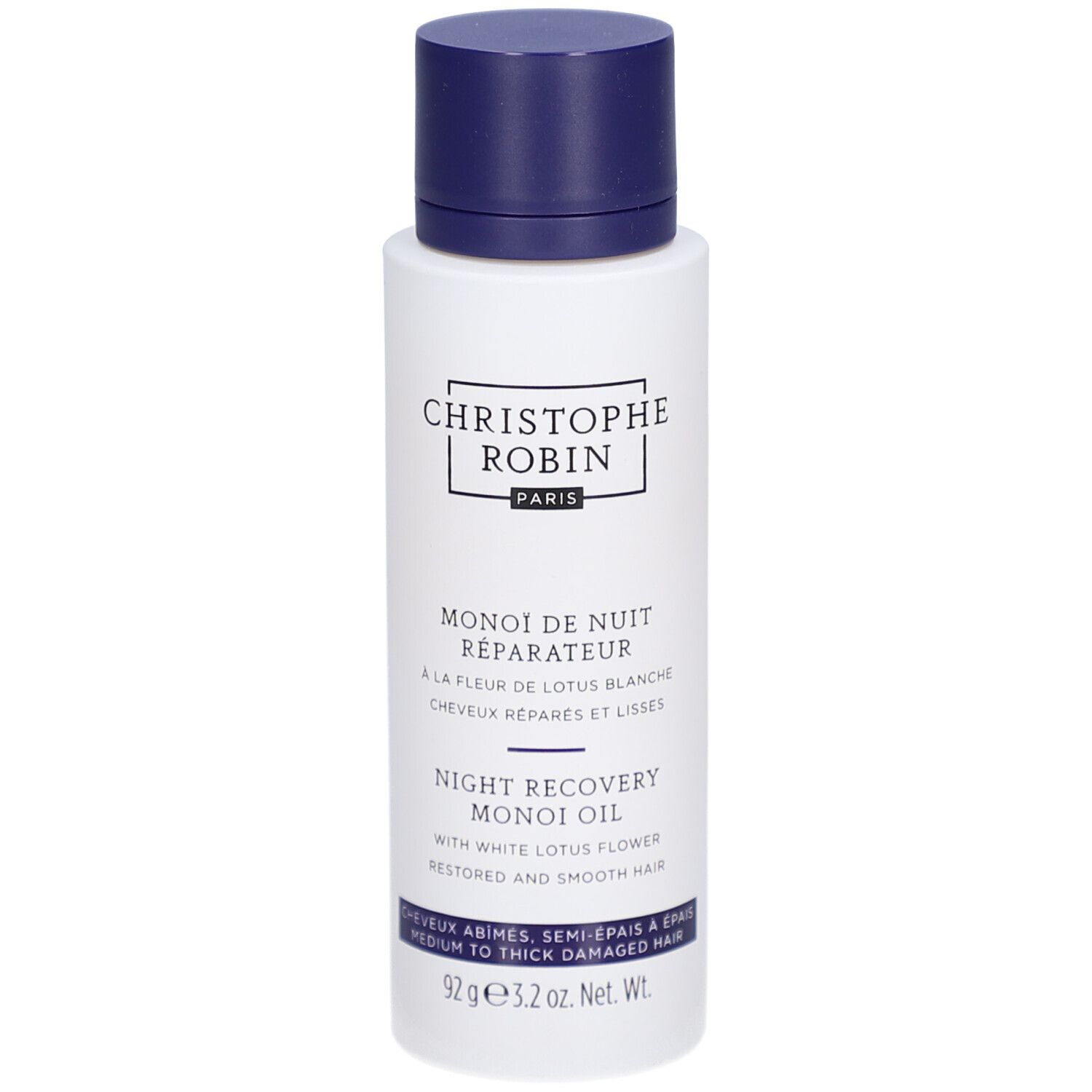 Flacon blanc, bouchon bleu. Texte: Christophe Robin, Monoï de Nuit Réparateur, Night Recovery Monoï Oil. Pour cheveux moyens à épais.