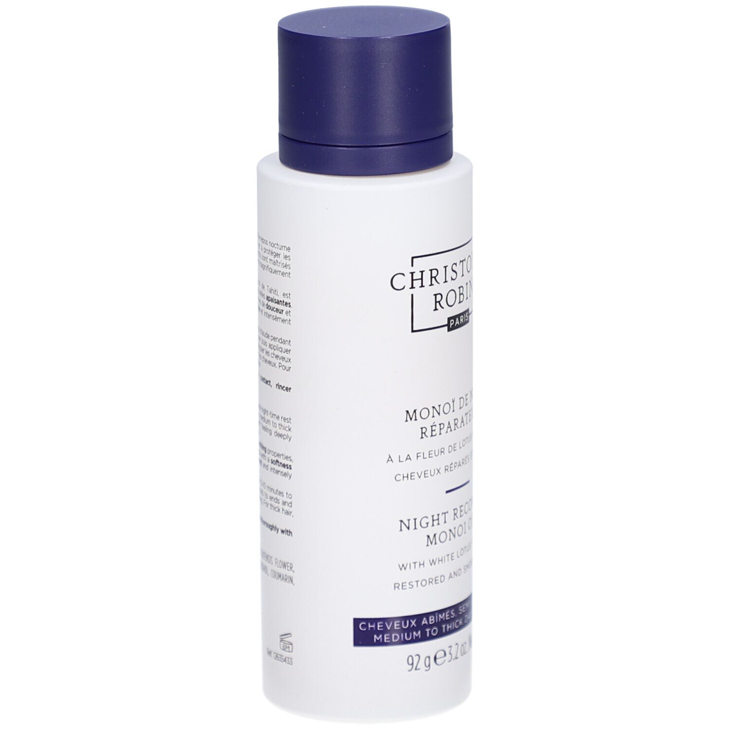 Flacon blanc, bouchon bleu. Texte: Christophe Robin, Monoï de Nuit Réparateur, Night Recovery Monoï Oil. Pour cheveux moyens à épais.