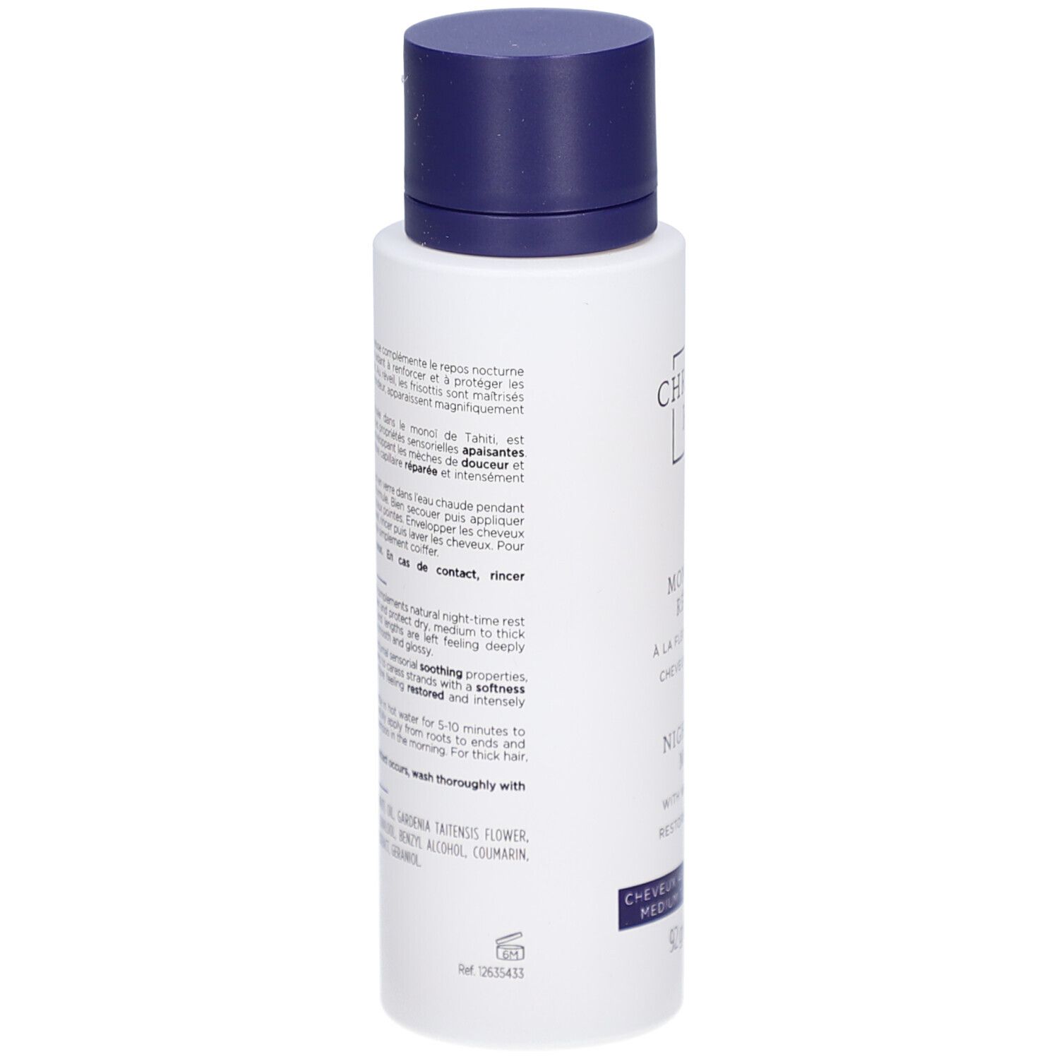 Flacon blanc, bouchon bleu. Texte: Christophe Robin, Monoï de Nuit Réparateur, Night Recovery Monoï Oil. Pour cheveux moyens à épais.