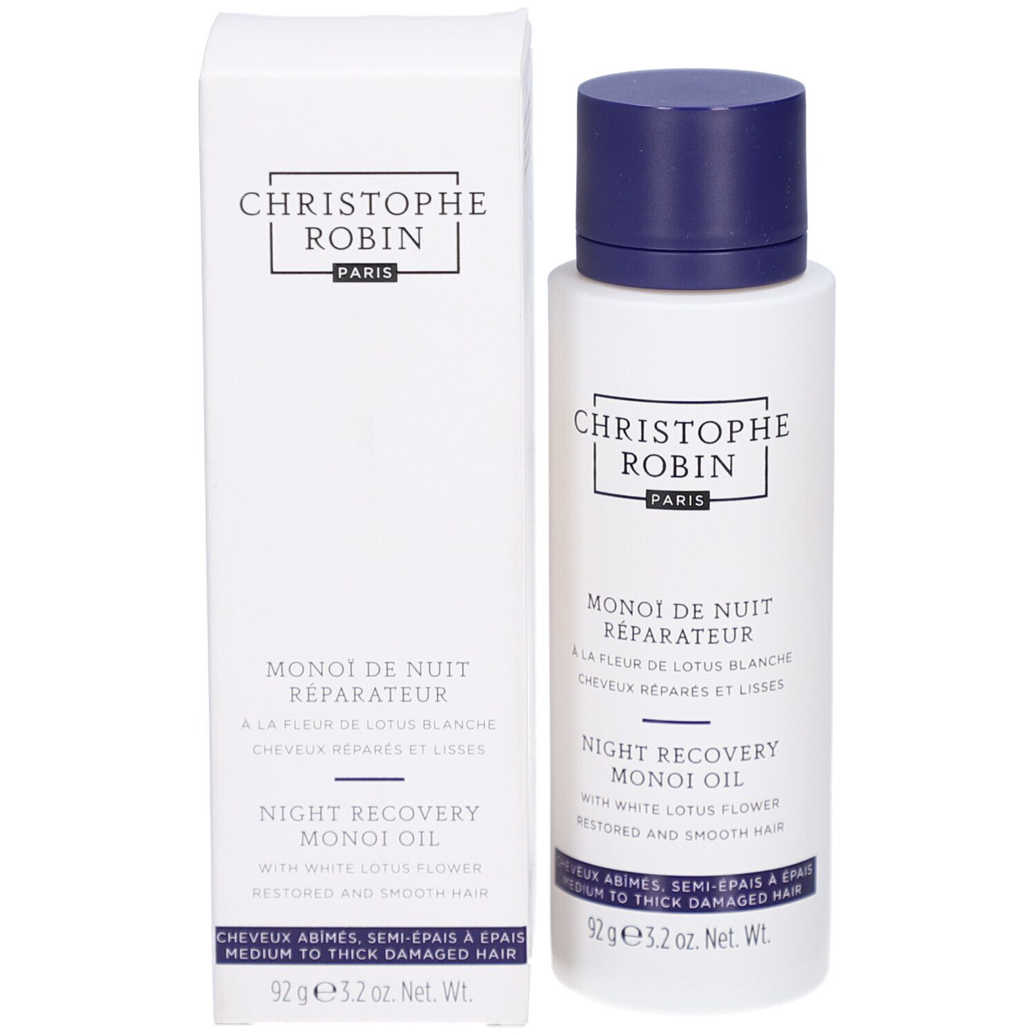 Produit et emballage. Flacon blanc, bouchon bleu et boîte blanche. Texte: Christophe Robin, Monoï de Nuit Réparateur.