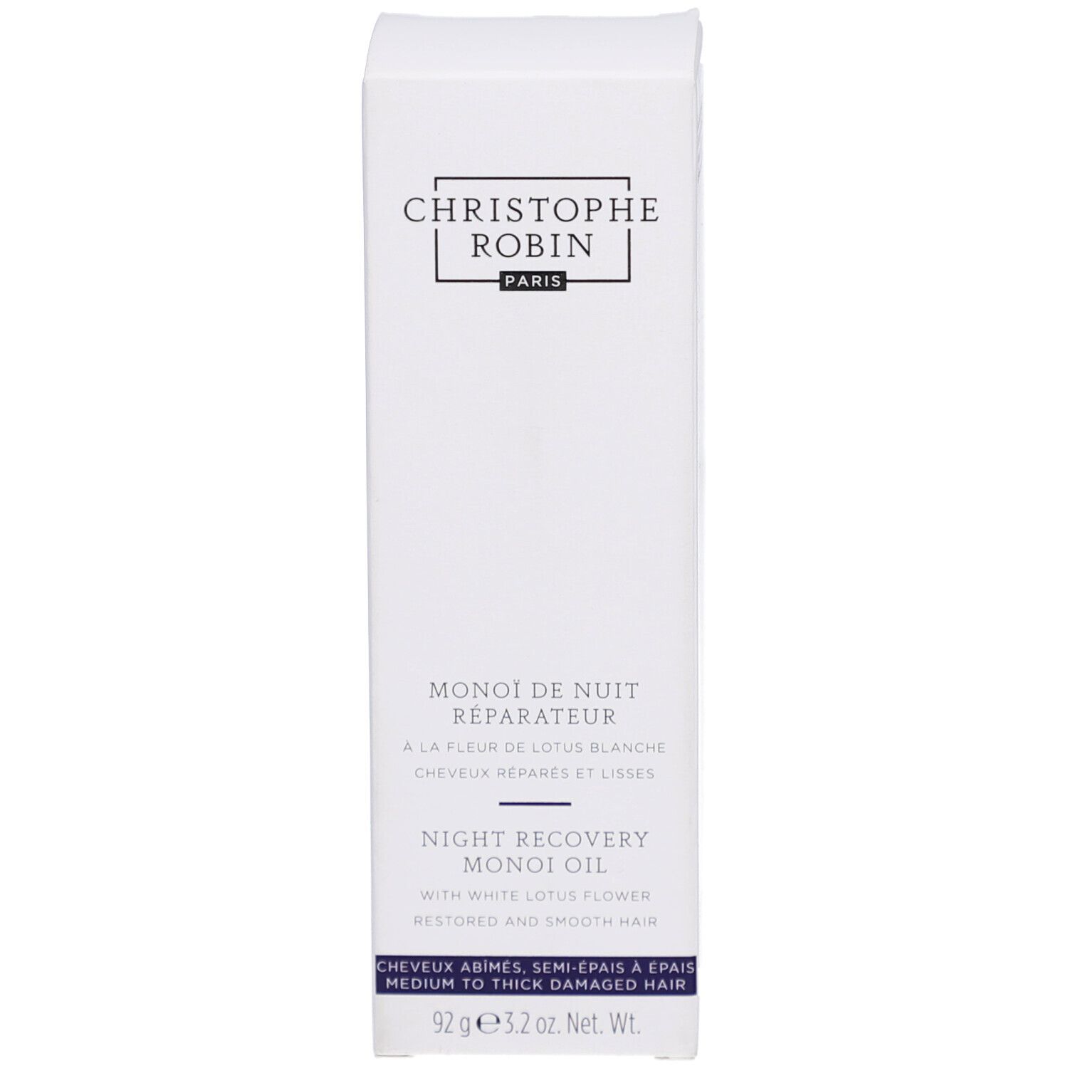 Boîte blanche. Texte: Christophe Robin, Monoï de Nuit Réparateur, Night Recovery Monoï Oil. Pour cheveux moyens à épais.