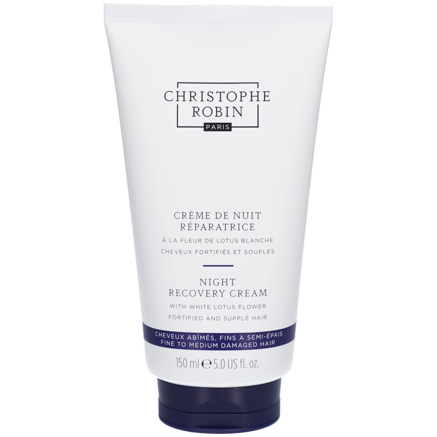 Witte tube met zwarte dop. Opschrift: Christophe Robin. Tekst: Crème de Nuit Réparatrice, Night Recovery Cream. 150 ml.