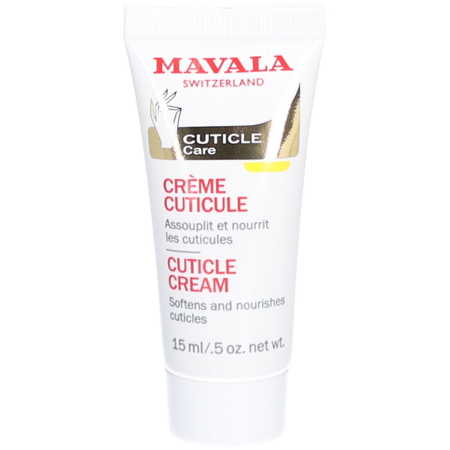 Witte tube met rode en gouden opdruk. Bevat nagelriemcrème. Tekst: MAVALA, CUTICLE Care, Crème Cuticule, 15 ml.