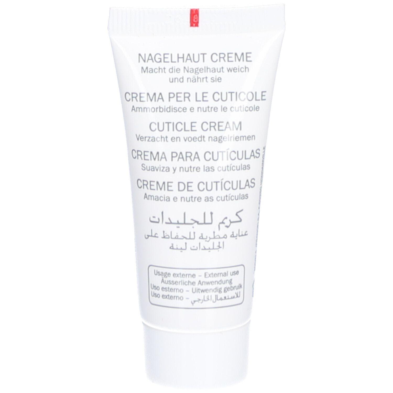 Witte tube met tekst in meerdere talen. Bevat nagelriemcrème. Tekst: Cuticle Cream, Crème Cuticule, Crema per le cuticole.