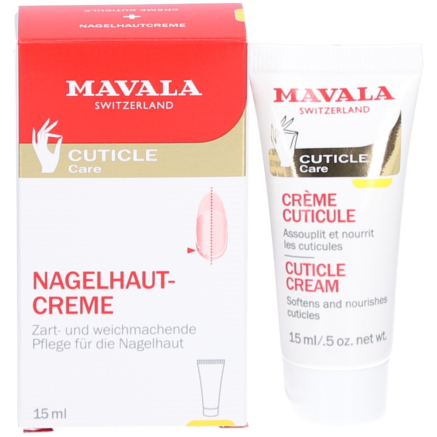 Productverpakking met tube. Rode doos met witte tube. Tekst: MAVALA, Nagelhaut-Creme, CUTICLE Care, 15 ml.