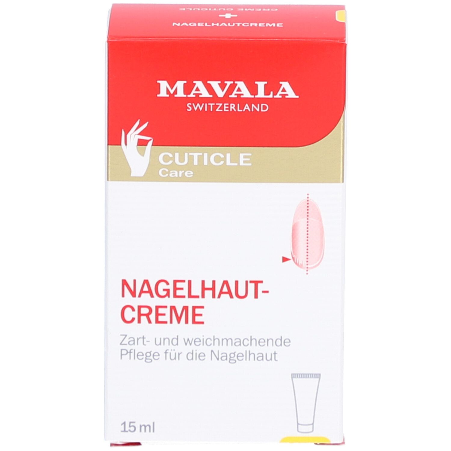 Rode doos met witte tube. Tekst: MAVALA, Nagelhaut-Creme, CUTICLE Care, 15 ml. Illustratie van een nagelcontour.