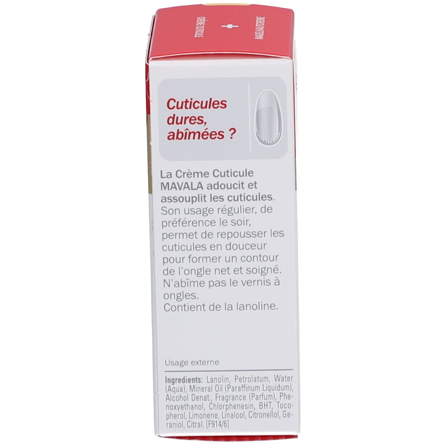 Achterkant van de productverpakking. Tekst: Crème Cuticule MAVALA, ingrediënten, gebruiksaanwijzing.