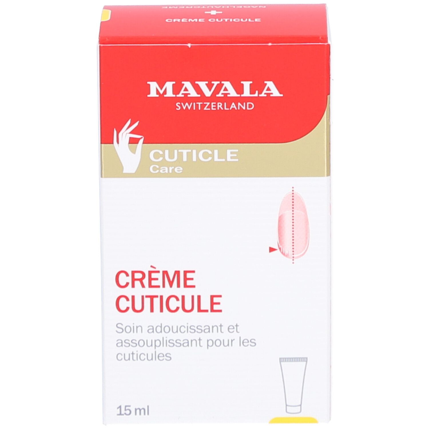 Productverpakking. Rode doos met witte tube. Tekst: MAVALA, Crème Cuticule, CUTICLE Care, 15 ml.