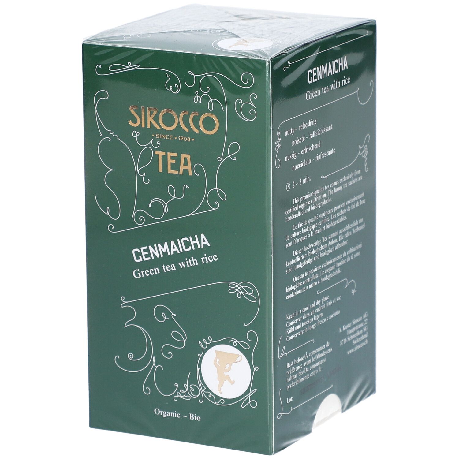 Thé vert au riz grillé dans un emballage vert. Marque : Sirocco Tea. Texte : Genmaicha, Organic - Bio.