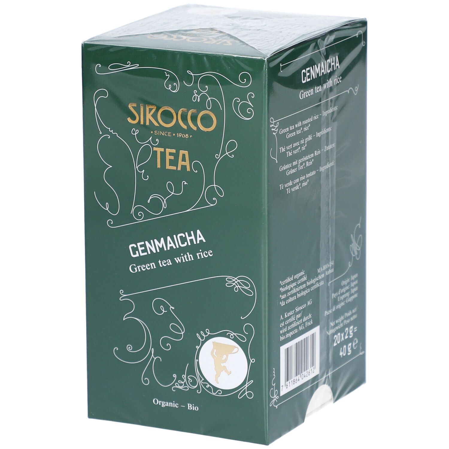 Thé vert au riz grillé dans un emballage vert. Marque : Sirocco Tea. Texte : Genmaicha, Organic - Bio.