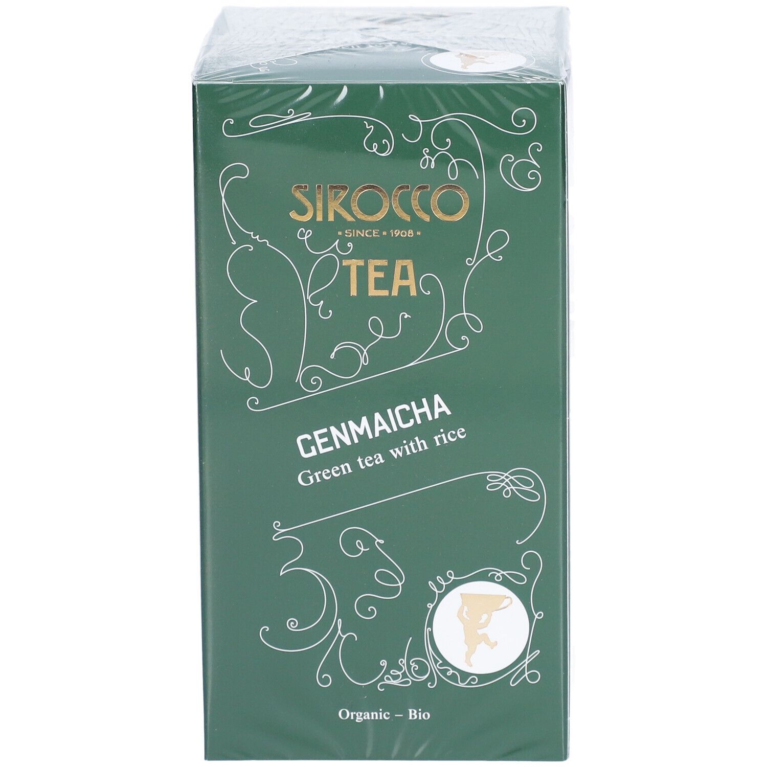 Thé vert au riz grillé dans un emballage vert. Marque : Sirocco Tea. Texte : Genmaicha, Organic - Bio.