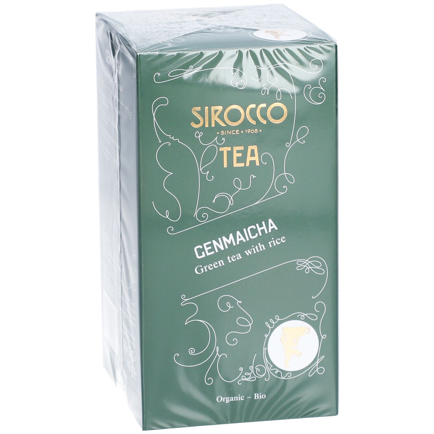 Thé vert au riz grillé dans un emballage vert. Marque : Sirocco Tea. Texte : Genmaicha, Organic - Bio.
