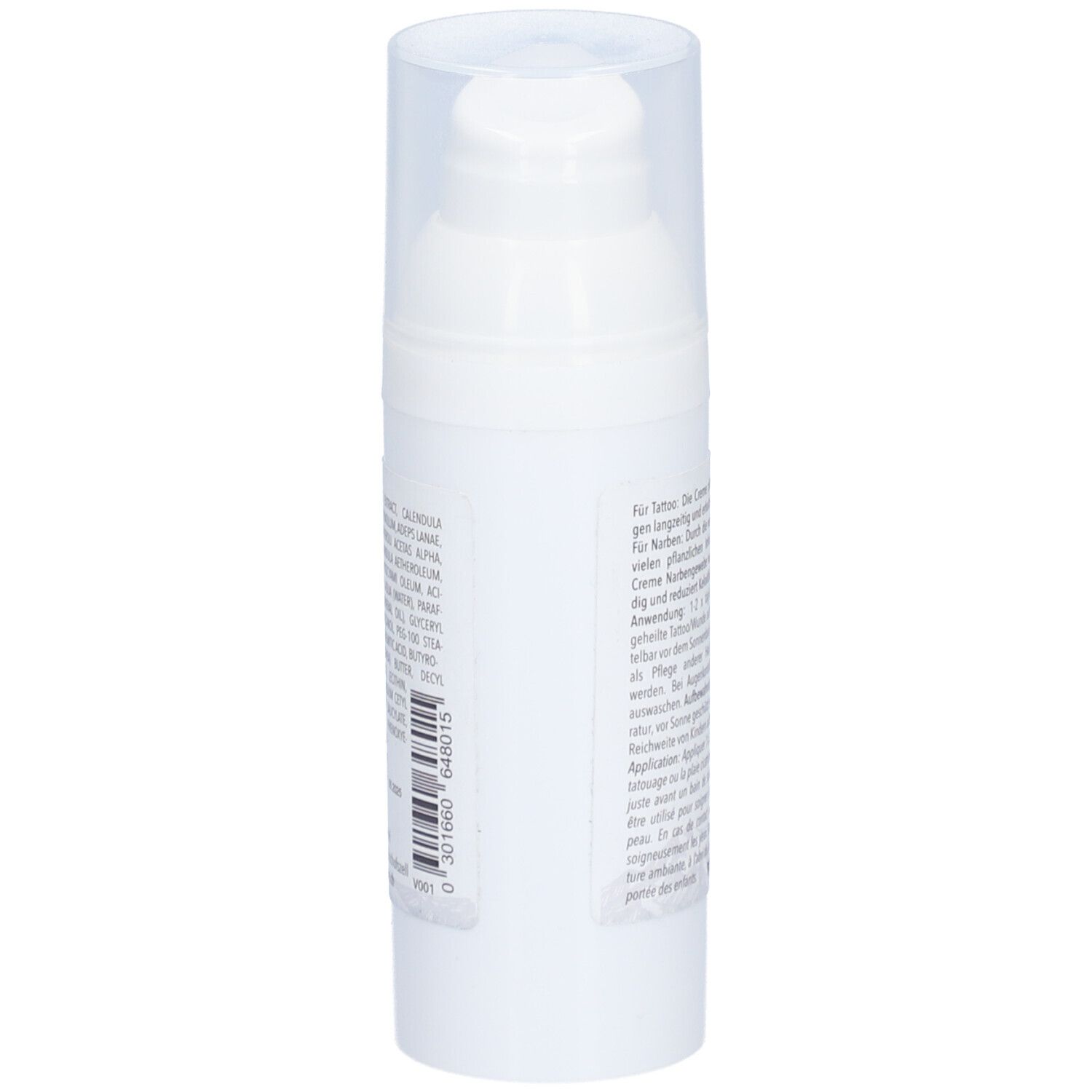 Witte crèmefles met pompsluiting. Tekst in het Duits. Opschrift: Naturstein Narben- und Tattoo Creme.