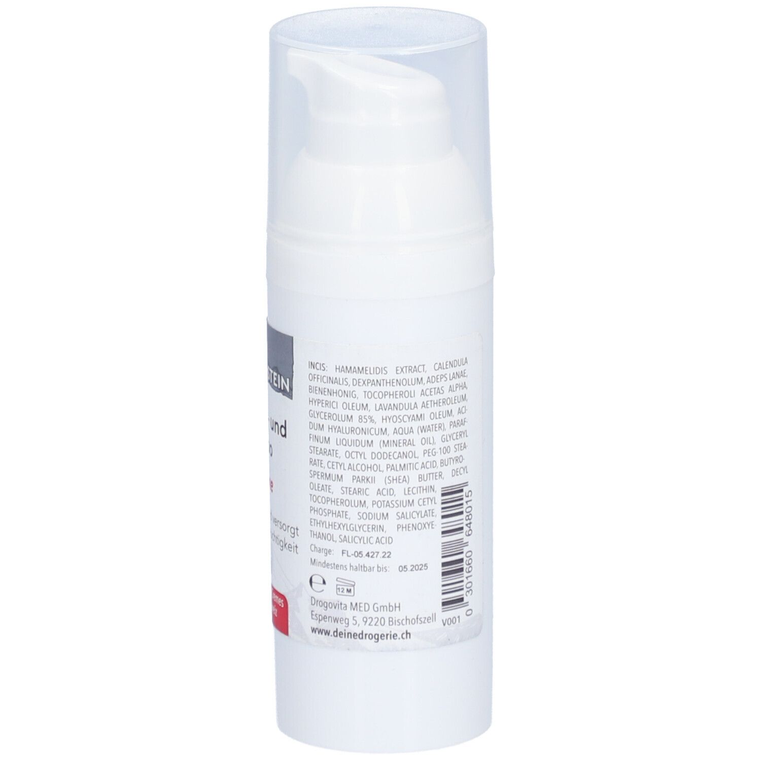 Witte crèmefles met pompsluiting. Tekst in het Duits. Opschrift: Naturstein Narben- und Tattoo Creme.