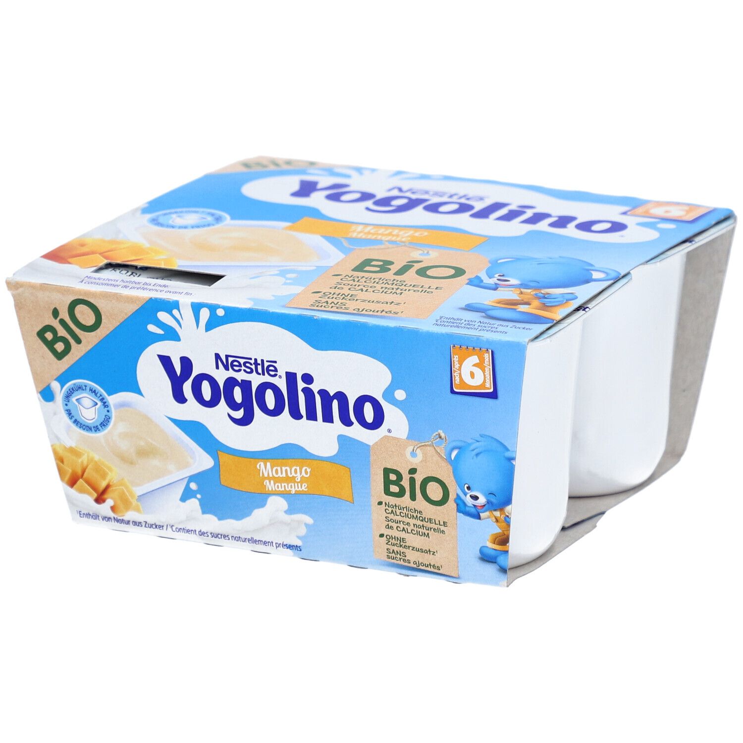 Nestlé Yogolino Bio Mango Kwark in 4-pack, met stukjes fruit en berenillustratie.