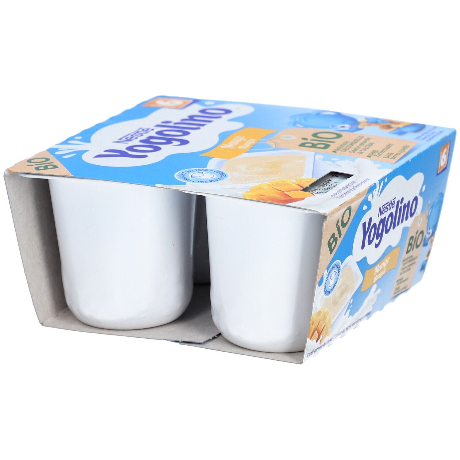 Vier witte bekers Nestlé Yogolino Bio Mango Kwark in een kartonnen verpakking.