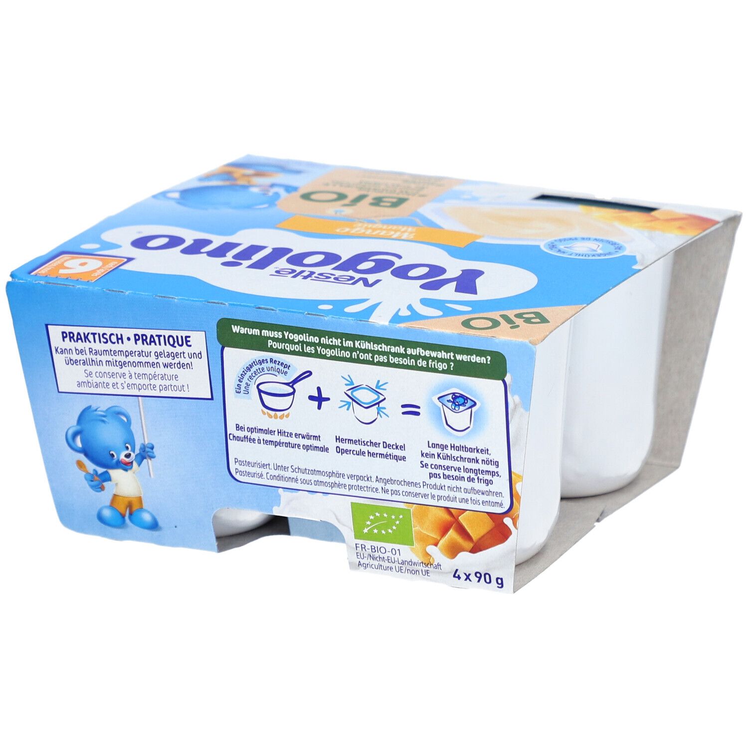 Achterkant van de Nestlé Yogolino Bio Mango Kwark verpakking met bereidingsinstructies en Bio-keurmerk.