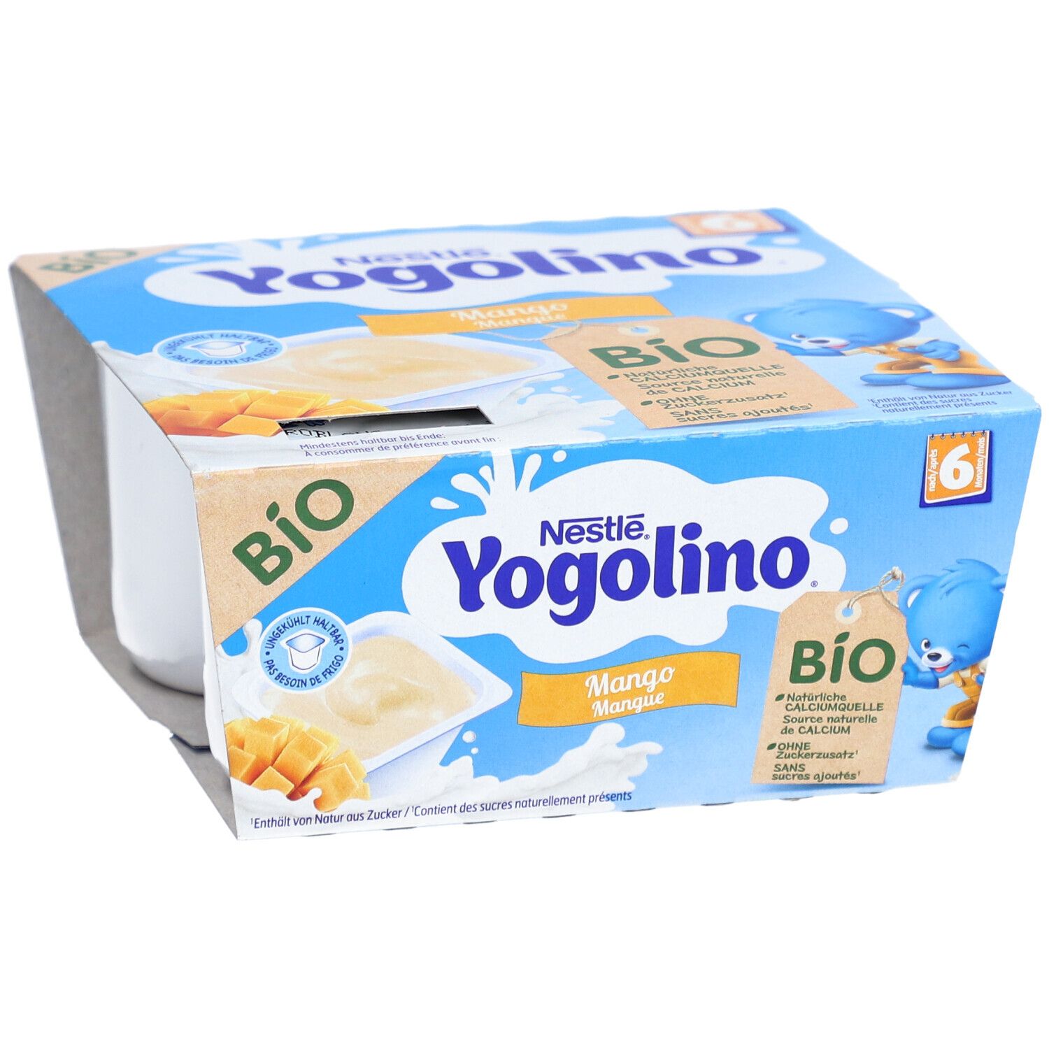 Nestlé Yogolino Bio Mango Kwark in 4-pack, zijaanzicht met focus op de bekers.