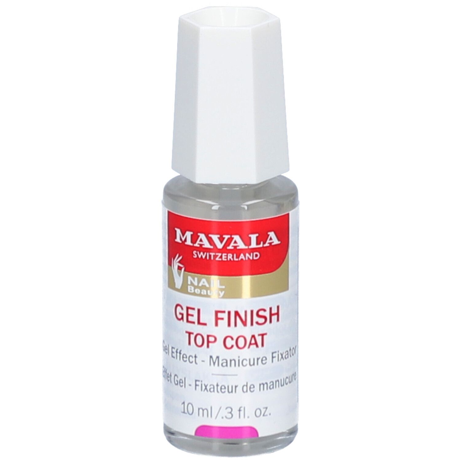 Flacon transparent avec bouchon blanc. Inscription: MAVALA, GEL FINISH TOP COAT. 10 ml.